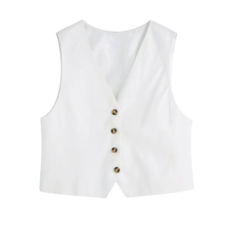 

New 2024 Spring Summer Women's White Svel V-Ne Lin ort Vest High Waist Wide Leg Pants Faion Set High Age up