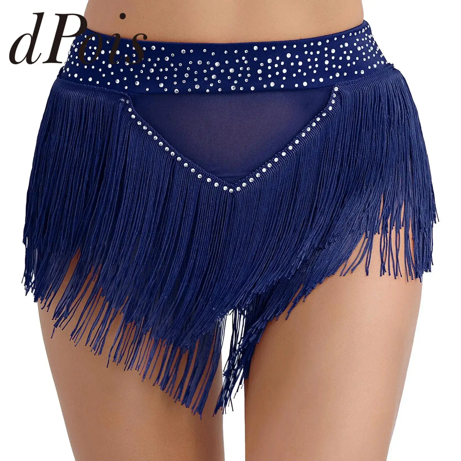 

Womens Belly Dance Shorts Tassel Skirts Samba Latin Dancewear High Elastic See Through Mesh Briefs Shiny Rhinestone Bottoms