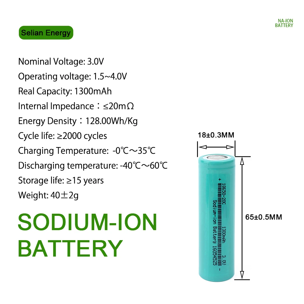 18650 Sodium Battery 3V 1300mAh SIB Rechargeable Batteries 20C High Rate NA-ion Cell 2000+Cycles For DIY 12V 24V 48V