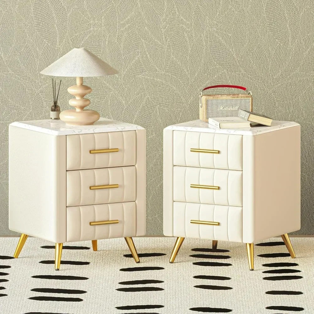 Nightstand with Drawers Upholstered Wood Bedside End Table with Marbling Top Beige Nightstands