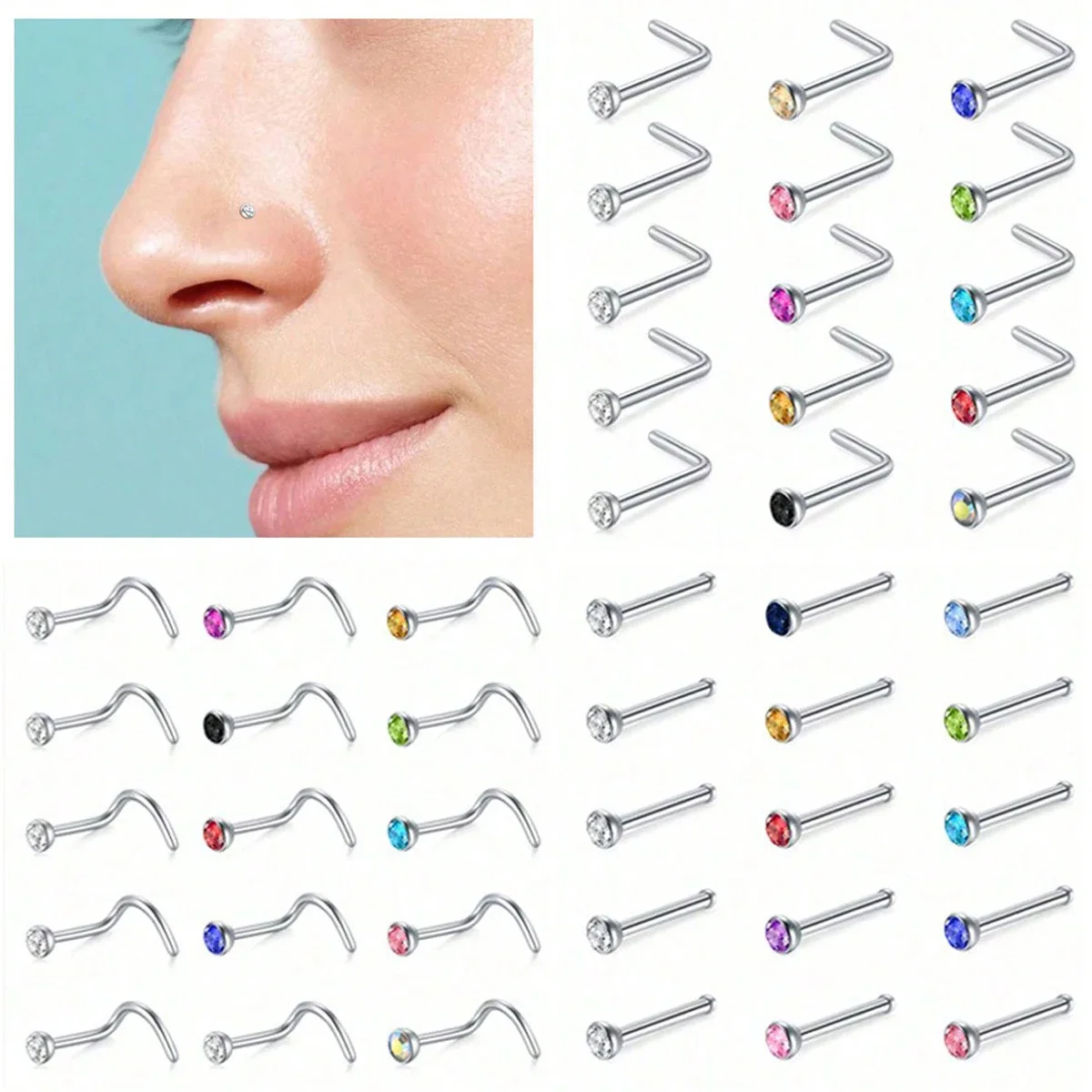 15 Stück Nasenringe Ohrstecker für Damen Herren Nasenringe Chirurgenstahl Echter Ohrstecker Nasenringe L-förmiger Korkenzieher Knochen Nasenpiercing Ohrstecker