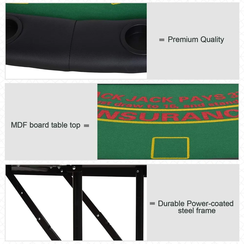 Poker Table Foldable, 72" Blackjack Table for 7 Players with Chip & Cup Holder, Green Felt