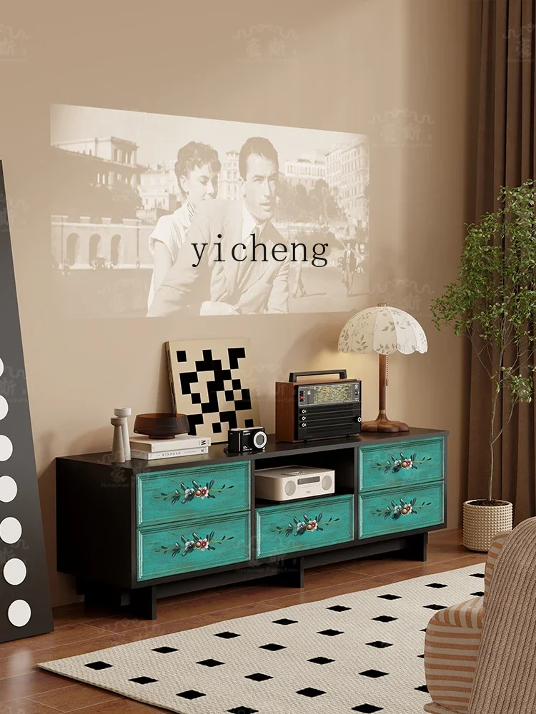 Zc Hand-Painted TV Cabinet Retro Living Room Background Wall Display Cabinet Projection Floor Cabinet