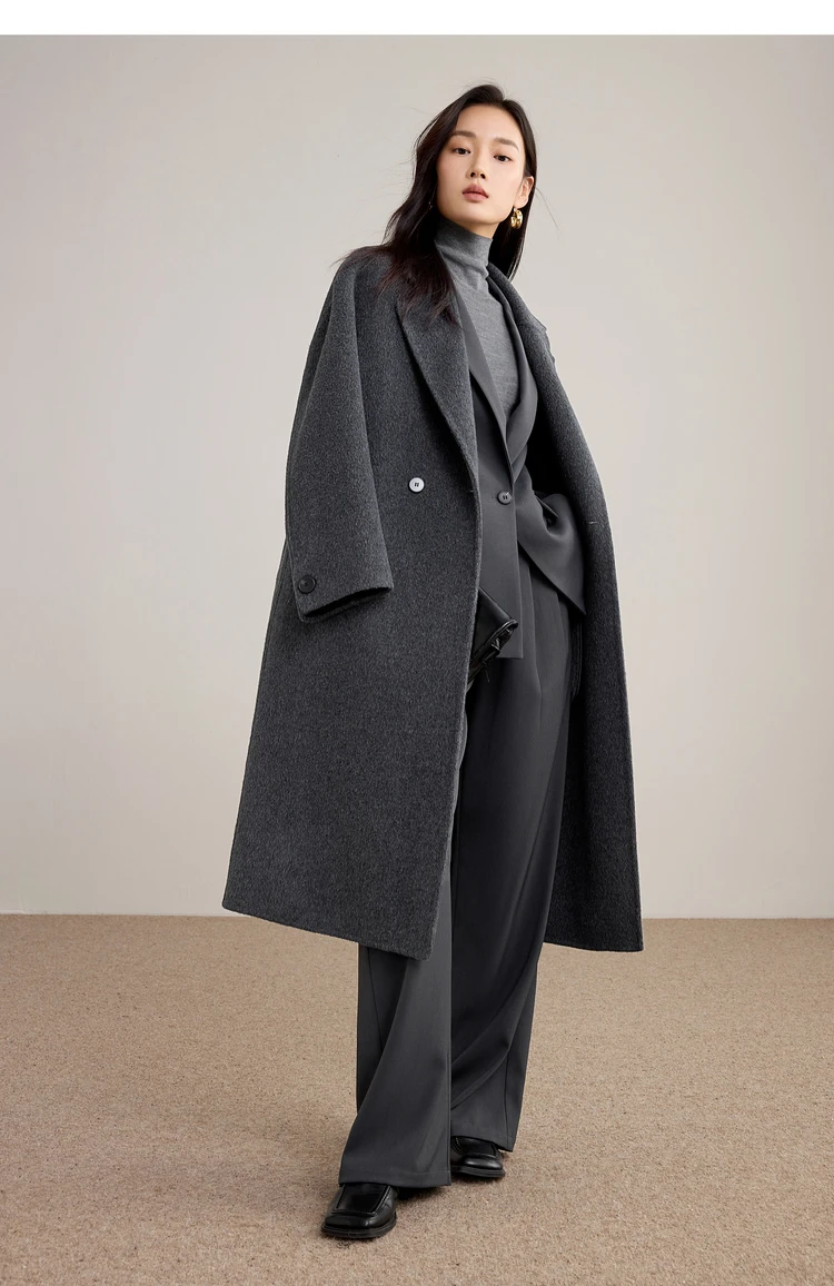 SENTUBILA Damen 100% Wolle Doppelseitiger Mantel Winter 2026 Anzug Reverskragen Klassischer Pendlerstil Langer Übermantel W54OA8779 – Detail 34