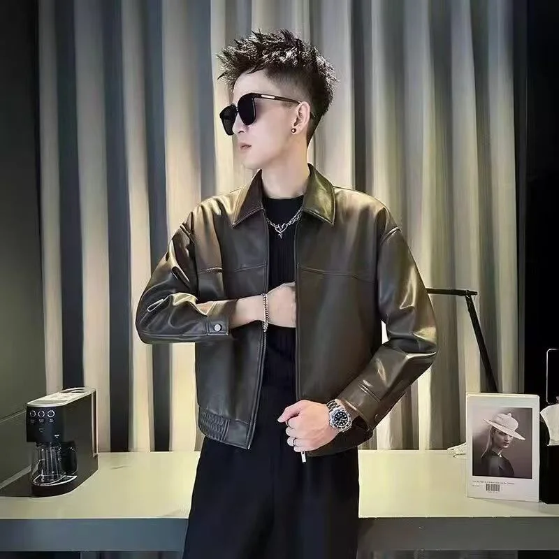 

Кожаная куртка мужская, модная, на молнии, с длинными рукавами, молодежная, универсальная, в корейском стиле, повседневная, из полиэфирного волокна