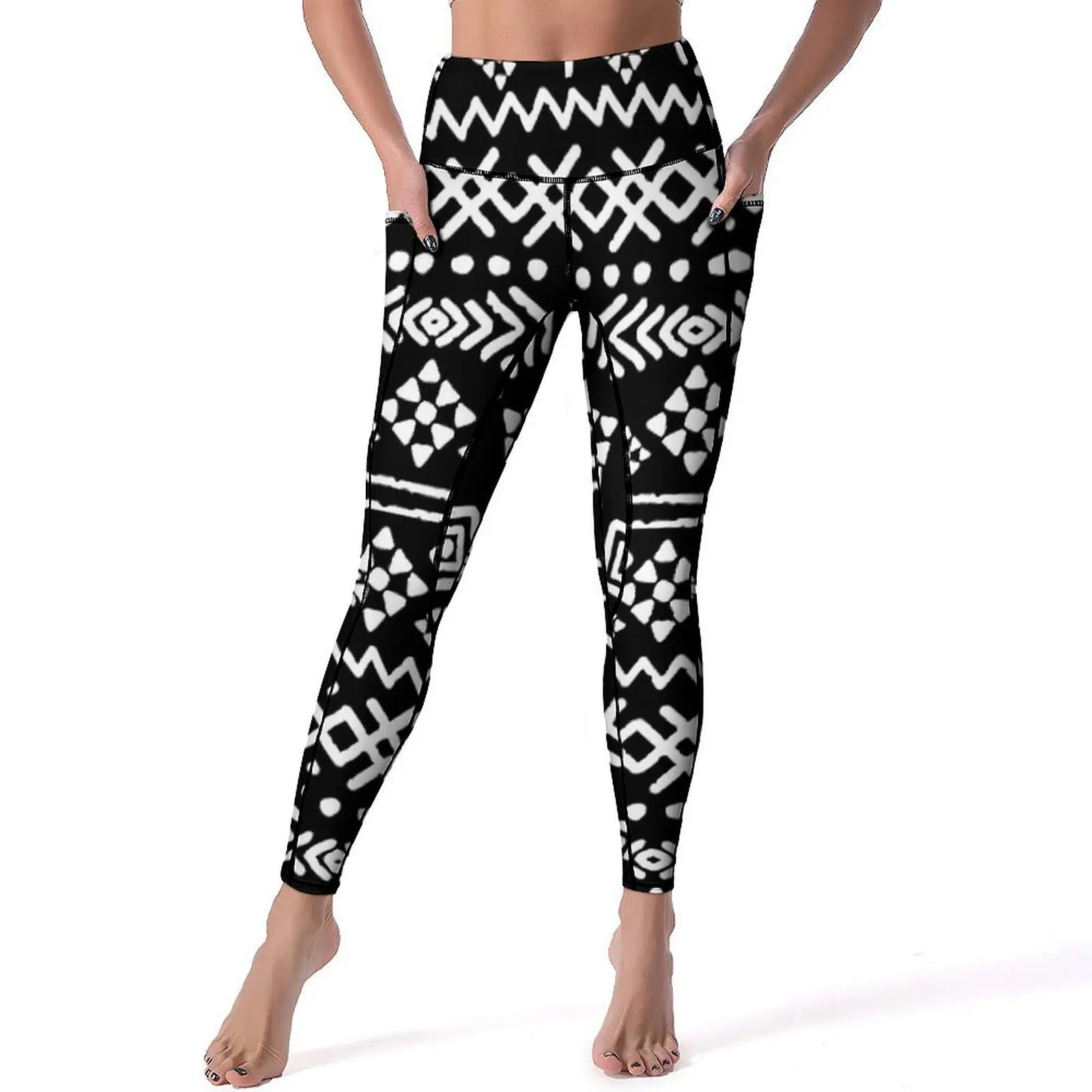 Vintage Ethnic Leggings White And Black Workout Yoga Pants Push Up Breathable Leggins Stretch Design Sports Tights Big Size