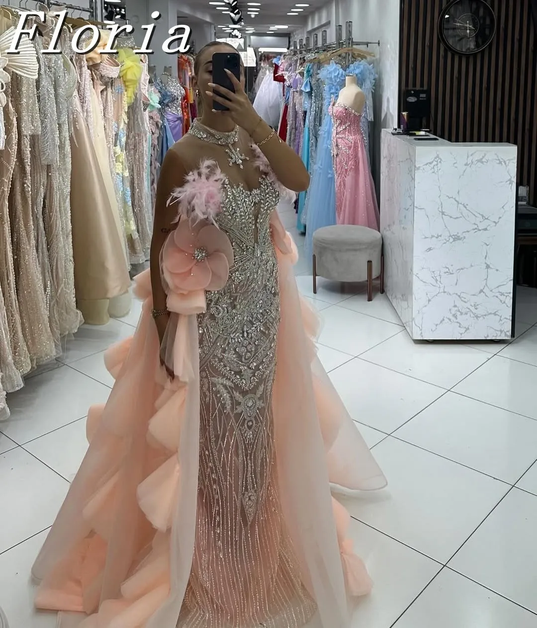 Abito da sera formale con strass in due pezzi con gonna oversize increspata Flora Abiti da festa da sposa in pizzo Robe Soirée femminile personalizzato