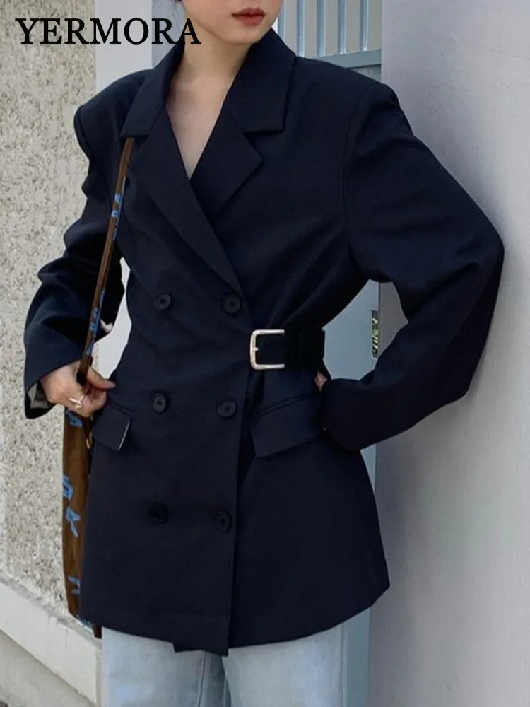 

YERMORA Gray Splice Leather Belt Casual Blazer For Women Lapel Long Sleeve Loose Fit New Jacket Fashion Spring Autumn 2025 A698