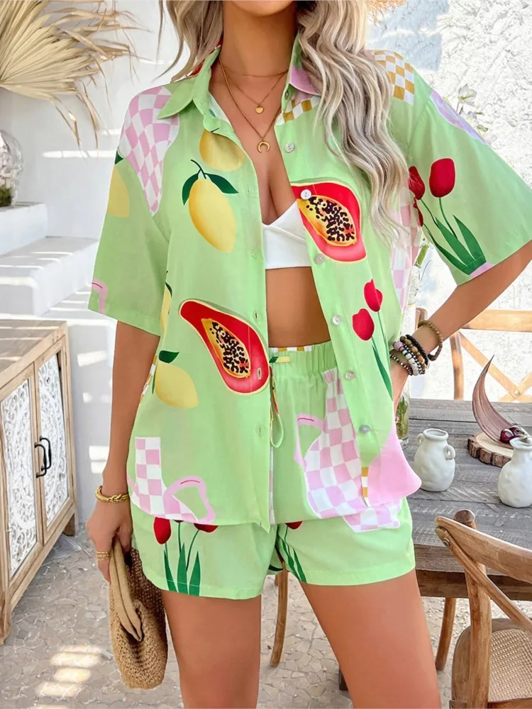 Bohemian Holiday Style Contrast Color Printed Shorts Set Women's Comfortable Casual Lazy Top Drawstring Shorts Two-piece Set