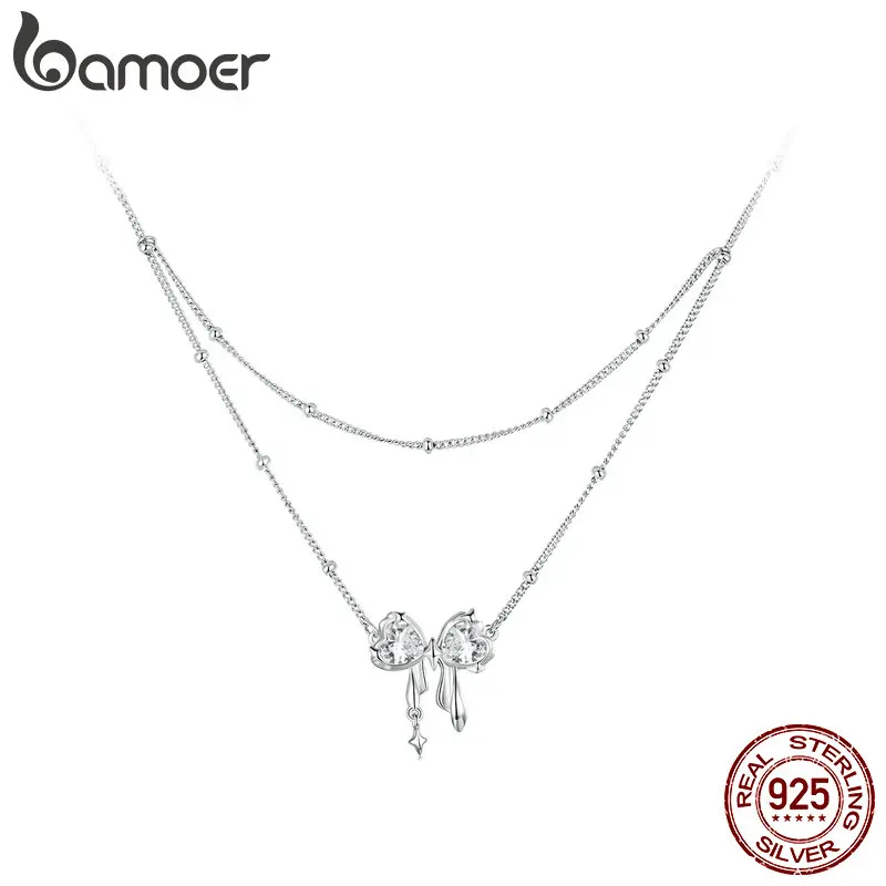 BAMOER Dazzling Bow Necklace for Women Girl, 925 Sterling Silver Bowknot Choker Necklace White Gold Plated Birthday Jewelry Gift