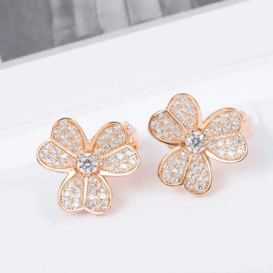 925 Silver Rose Gold Clover Flower Full Diamond Earring Woman Top Quality Fine Luxury Jewelry Trend