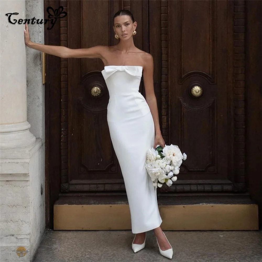 Simple Weddiing Dress for Women 2024 Bride Strapless Bow Zipper Back Crepe Sheath Bridal Gowns Robe de Mariee Customized