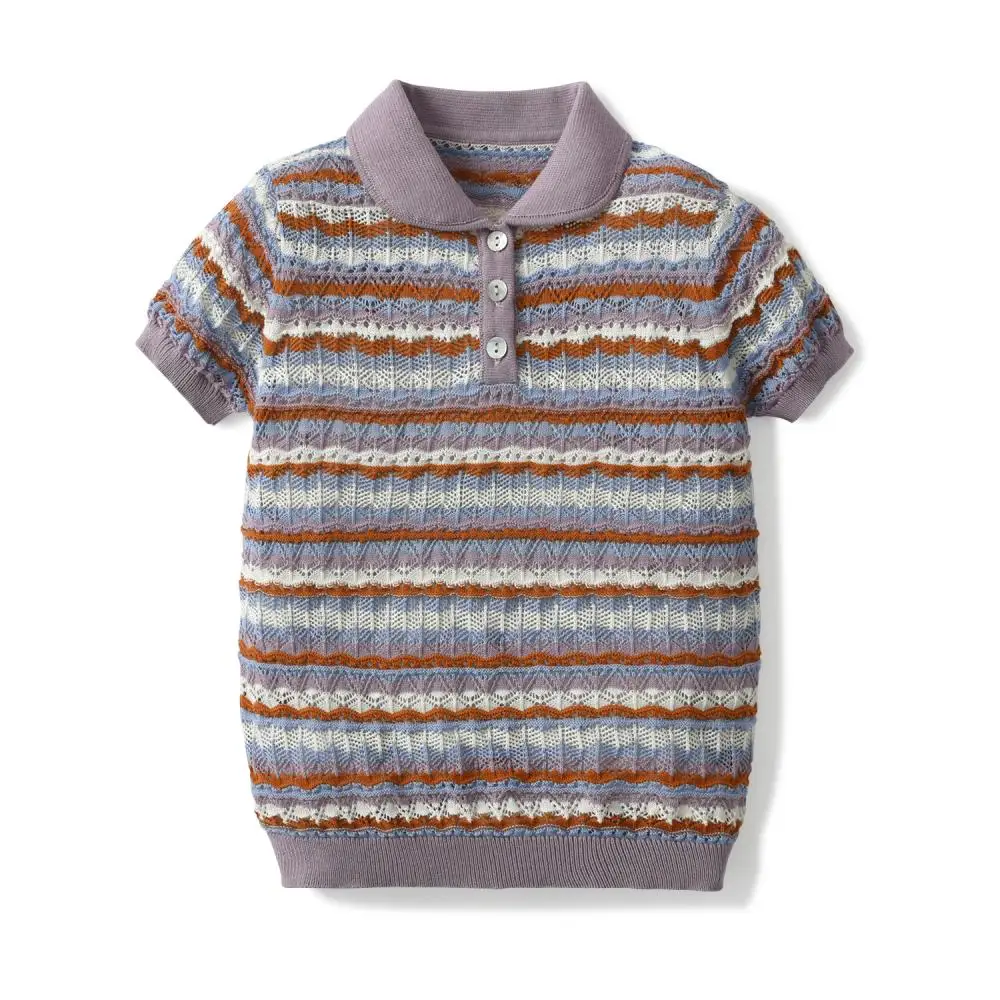 2024 Summer Unisex Pullover Baby Knit Sweater Polo Shirt Stripe Knitwear Button OEM Toddler Casual Clothing Boys Girls Clothes