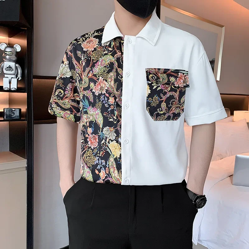 

Fashion Printed Patchwork Shirt for Men Summer Short Sleeve Casual Shirts Ice Silk Breathable Business Streetwear Men Clothing