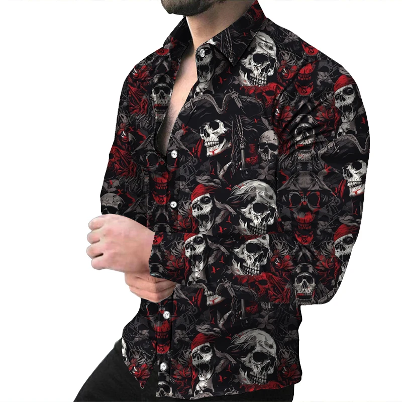 Retro Skull Flower Men's Pattern Long Sleeve Button Shirt Fashion Formal Shirt