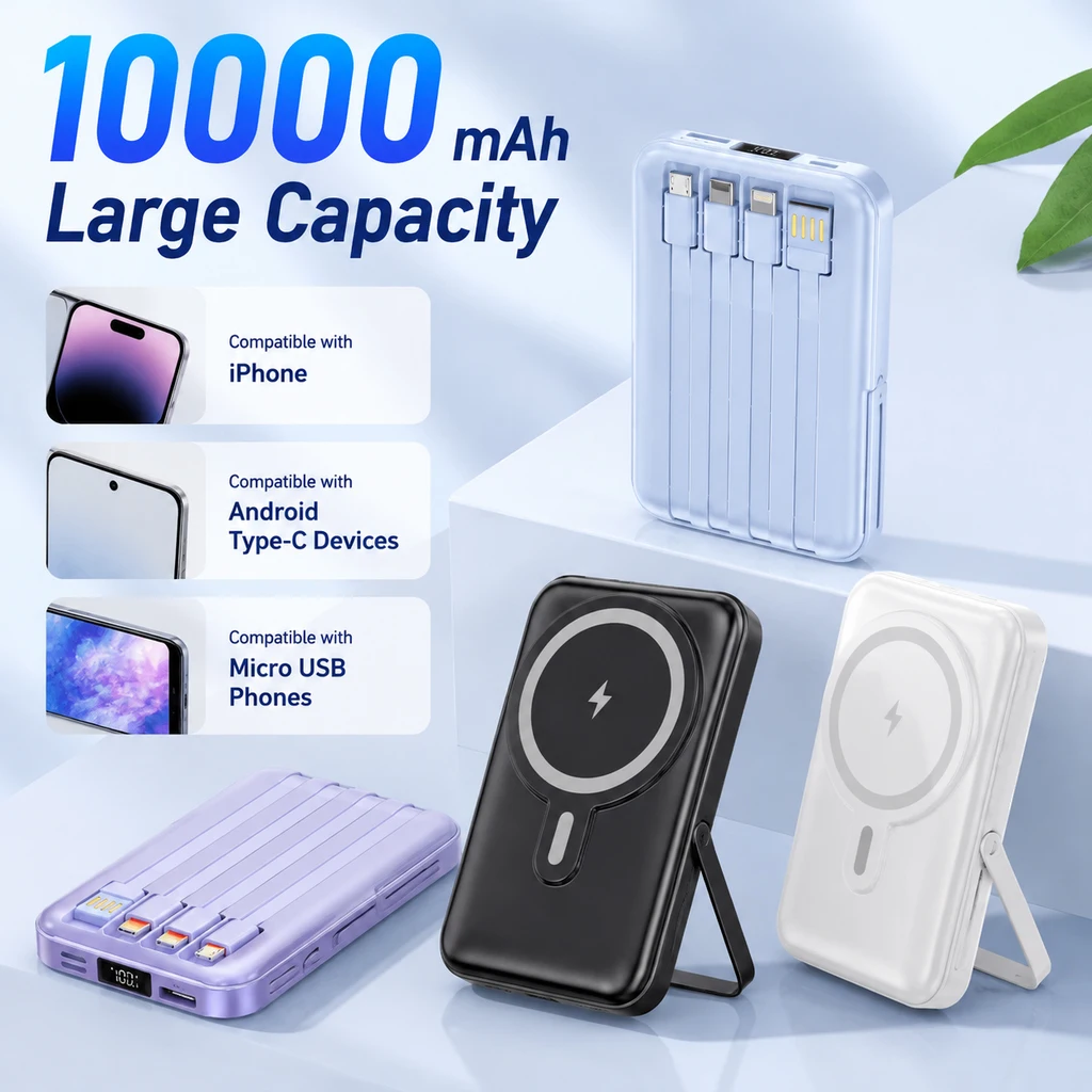 10000mAh Magnetic Wireless Power Bank 22.5W Fast Portable Charger Built-in Cable External Battery for Apple Android Smartphones