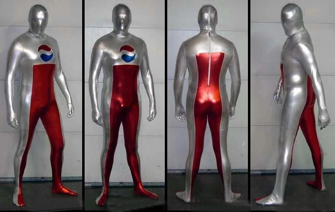 ขายร้อนเงินและสีแดง Zentai Pepsiman ชุด Shiny Metallic Bodysuit ฮาโลวีนชุดคอสเพลย์ผู้หญิง