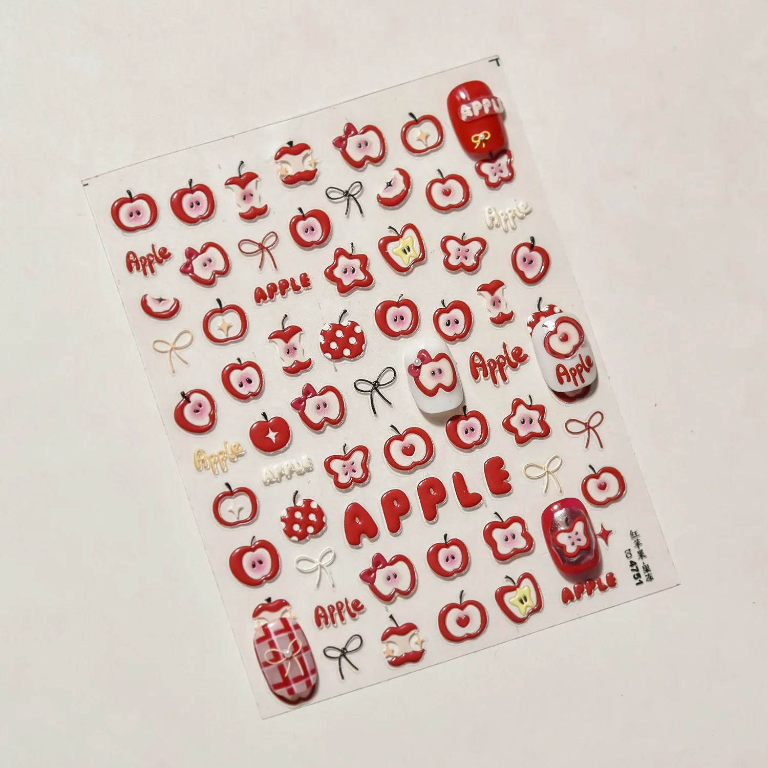 1 folhas 5d alívio maçã vermelha etiqueta do prego 8*10cm bonito fatia de maçã/núcleo de maçã design decalques de unhas bonito bowknot natal decoração do prego