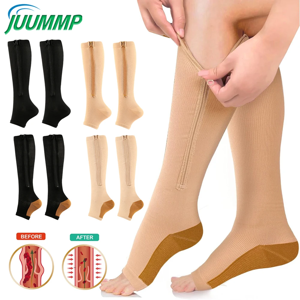 1Pair Compression Socks for Women and Men, Zipper 15-20 mmHg Toe Open Leg Support Stocking Knee High Socks For Swelling & Pain