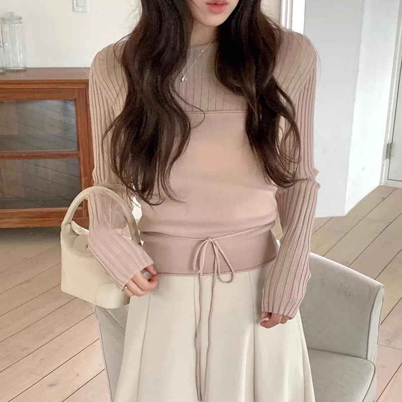 

Chic Autumnal Sweet Knitted Long Sve Base Layer Sweater + Tie Strap Vest Set Striped Faionable Two-Piece Women's Ensemble