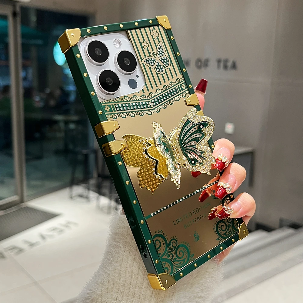 الفاخرة الماس فراشة قوس حامل جراب هاتف آيفون 16 15 برو ماكس 14 13 12 11 مرآة للصدمات حماية غطاء الوفير