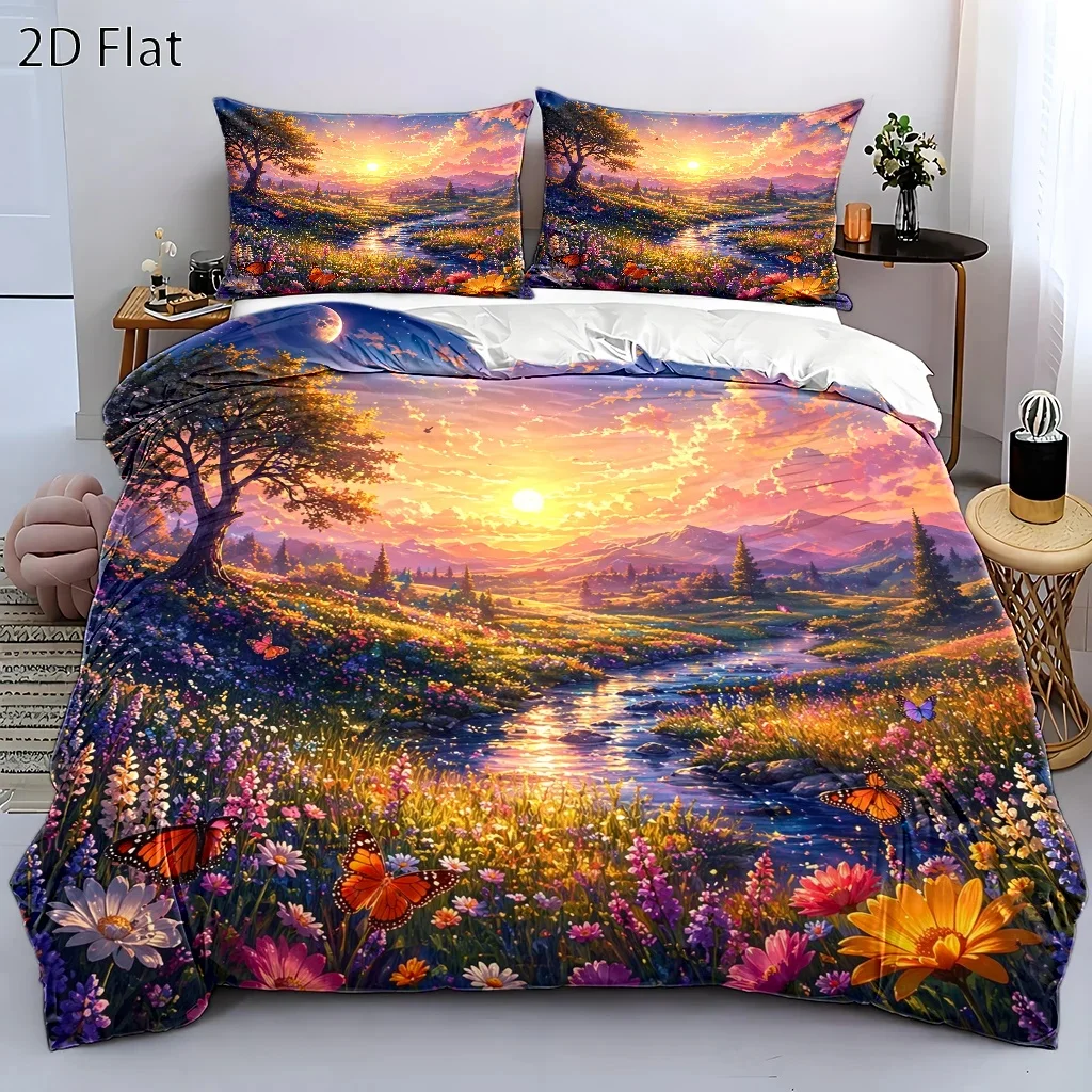 3Pc Dreamy Natural Scenery Duvet Cover Set, Three-Piece Bedding Set (1*Duvet Cover + 2*Pillowcases), Suitable for All Seasons, Machine Washable, Invisible Zipper Double Bed Cover, Suitable for Home, Dorm, Master Bedroom, Guest Room, Floral Sea, Stream, Butterfly Print Bedding, Beautiful Sunset Landscape Floral Bedding Set, Ins-Style Pastoral Scenery Duvet Cover and Pillowcase Set, Large Size Home Bedroom Bedding Set