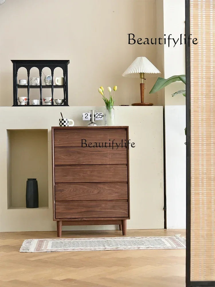 Black Walnut Five-Drawer Wooden Chest of Drawers Living Room Storage Cabinet Narrow Side Cabinet Bedroom Bed Front Cabinet