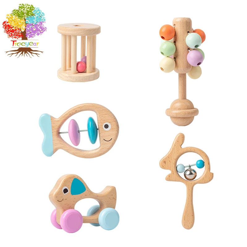 Treeyear Wooden Multi-Stage Sensory 5 PCs Gift Set Montessori Toys for Newborns, Crawling Babies and Walking Toddlers