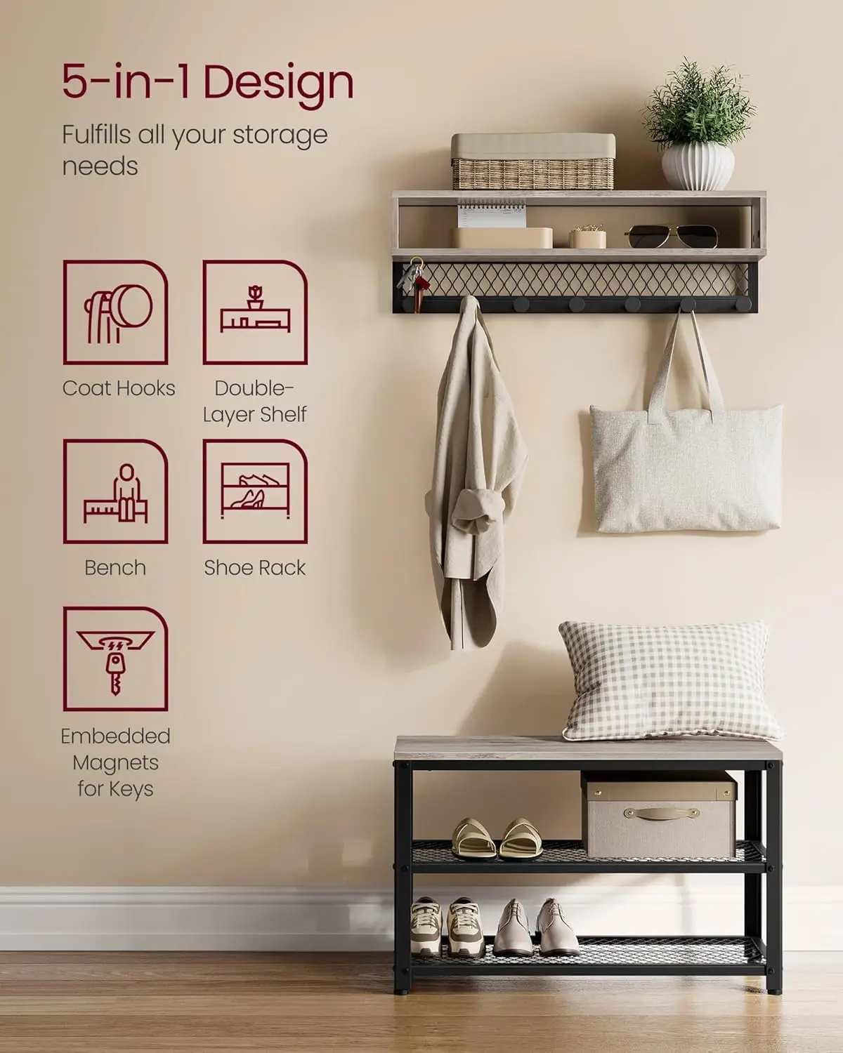 Multifuncional Coat Rack e Shoe Bench Set, Hall Tree com banco, Móveis de entrada, Dot Coat Hooks