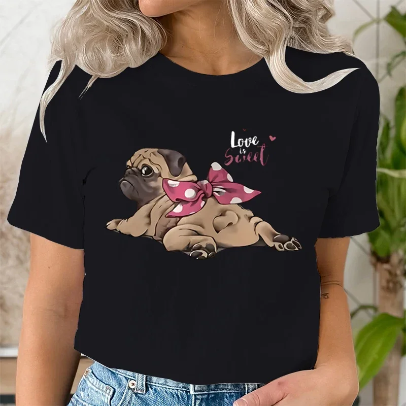 Woman Funny T Shirts Pug Lovers Gifts Fashion Woman Blouse Round Neck Dog Lover T-Shirt Cute Pugs Summer Short Sleeve T-shirts