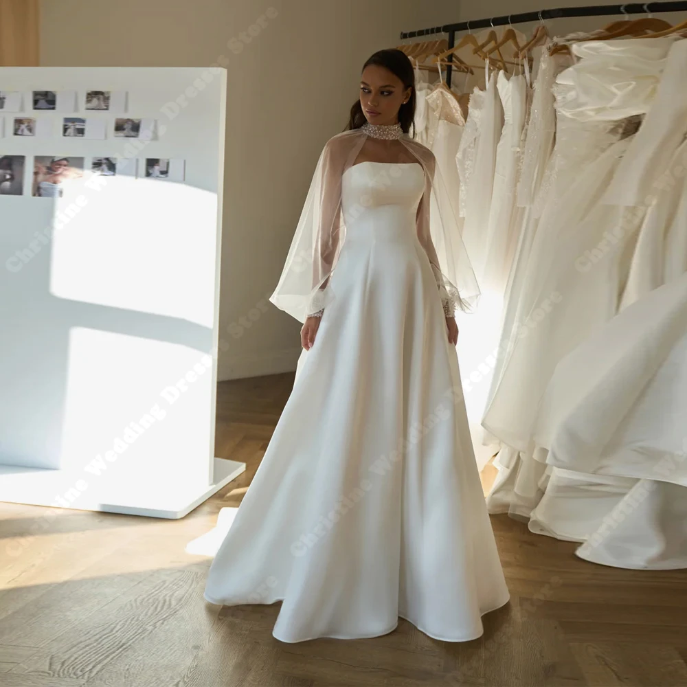 우아한 새틴 신부 드레스 미니멀리스트 패션 A라인 퍼프 튤 긴 소매 웨딩 드레스 연회용 베스티도 데 노비아 맞춤 제작