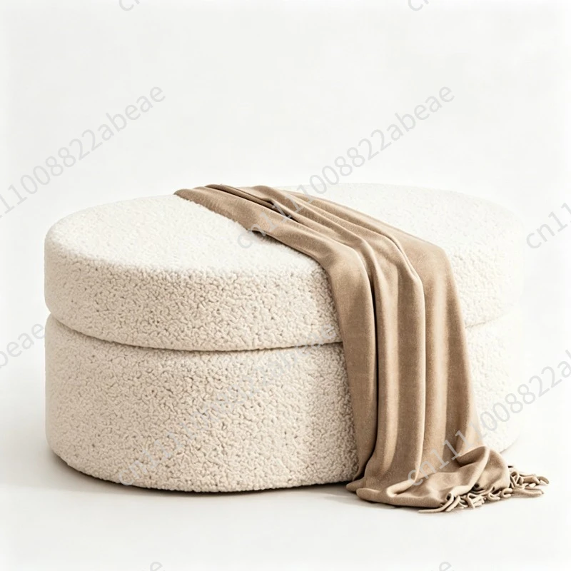 Sherpa Sofa Ottoman  Cream Style End-of-Bed Storage Stool  Easy-Open Seat Bench  Wide Shoe Changing Bench