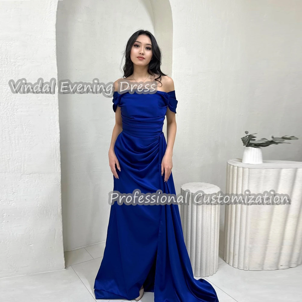 

Vindal Evening Dress Off-the-shoulder Floor Length Satin A-Line Built-in Bra Elegant Short Sleeves Saudi Arabia For Woman 2024