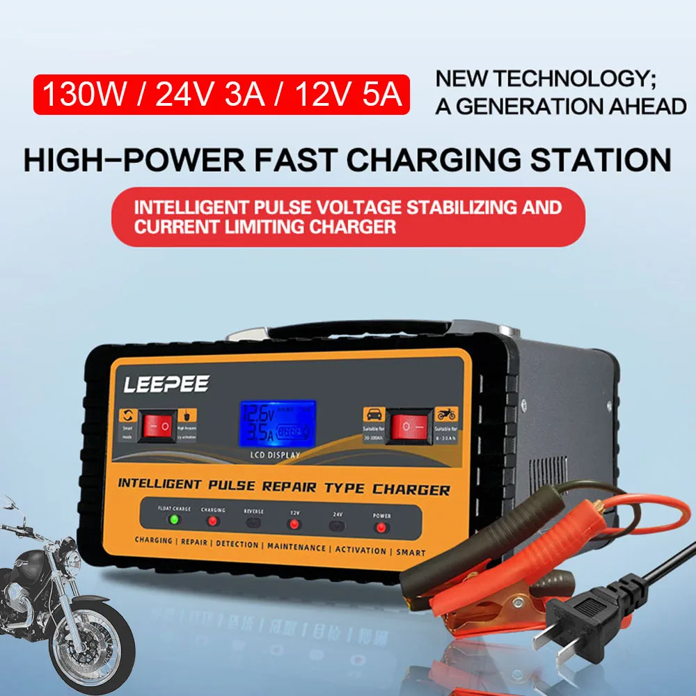 

Digital 24V 12V Motorcycle Battery Chargers Motorboat Supply 130W High Power Storage Cell Car Battery Charger Smart Pulse Repair