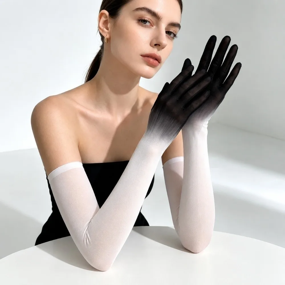 Stretchy Ultra-thin Gradient Color Gloves Elbow Transparent Sunscreen Mittens Gauze Sheer Tulle Mesh Full Finger Gloves Bride