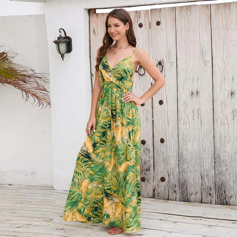 

Women's V Neck Spaghetti Straps Bohemian Maxi Dresses Tropical Printed Casual Summer Backless Beach