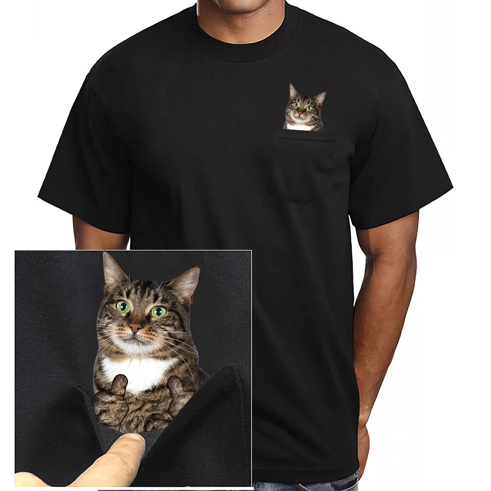 CLOOCL Tabby Cats T-Shirt Animals Kitten Double Middle Fingers Pocket Tees Cotton Short Sleeve Shirts Men Clothing Dropshipping