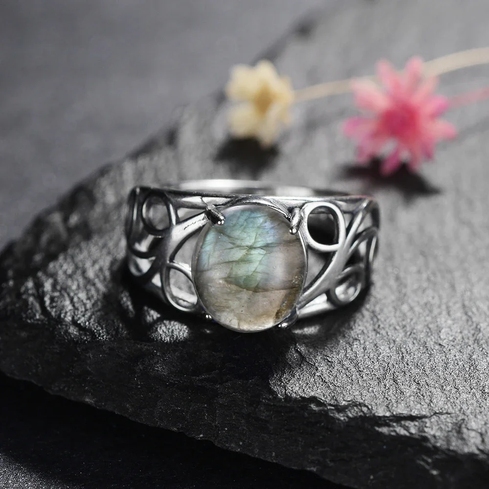 Silver Ring for Women Oval Round Natural Labradorite Ring Gift Sun Shaped Retro Luxury Fine Jewelry