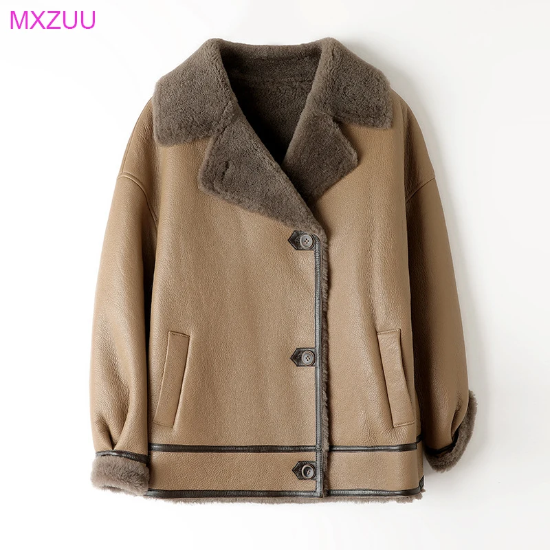 

Женская шуба из натурального меха, импортная мериносовая шерсть, контрастная строчка, повседневная кожаная куртка среднего и длинного размера Pelzmantel Damen