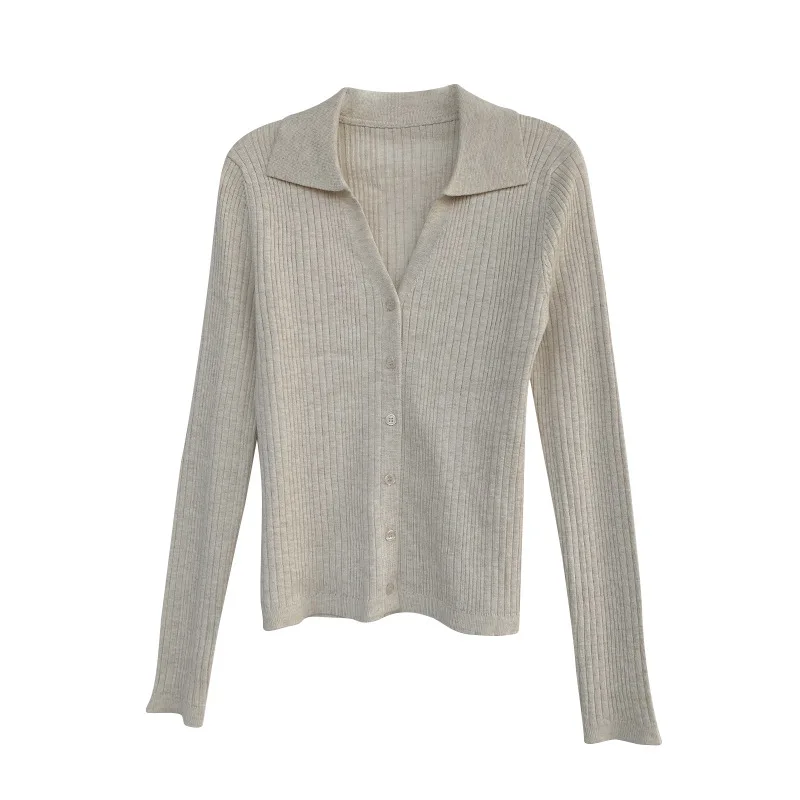 Women Slim Textured V Neck Polo Cardigan Sweater With Collar