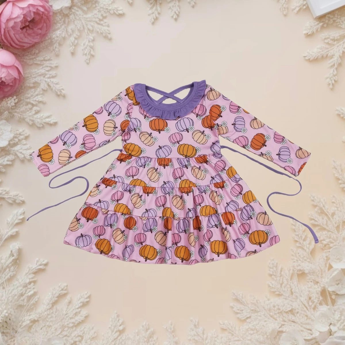 

New Fashion Baby Girl Princess Dress Long Sleeves Knee Length with Belt Cute Sweet Floral Pumpkin Print for Infant and Toddler