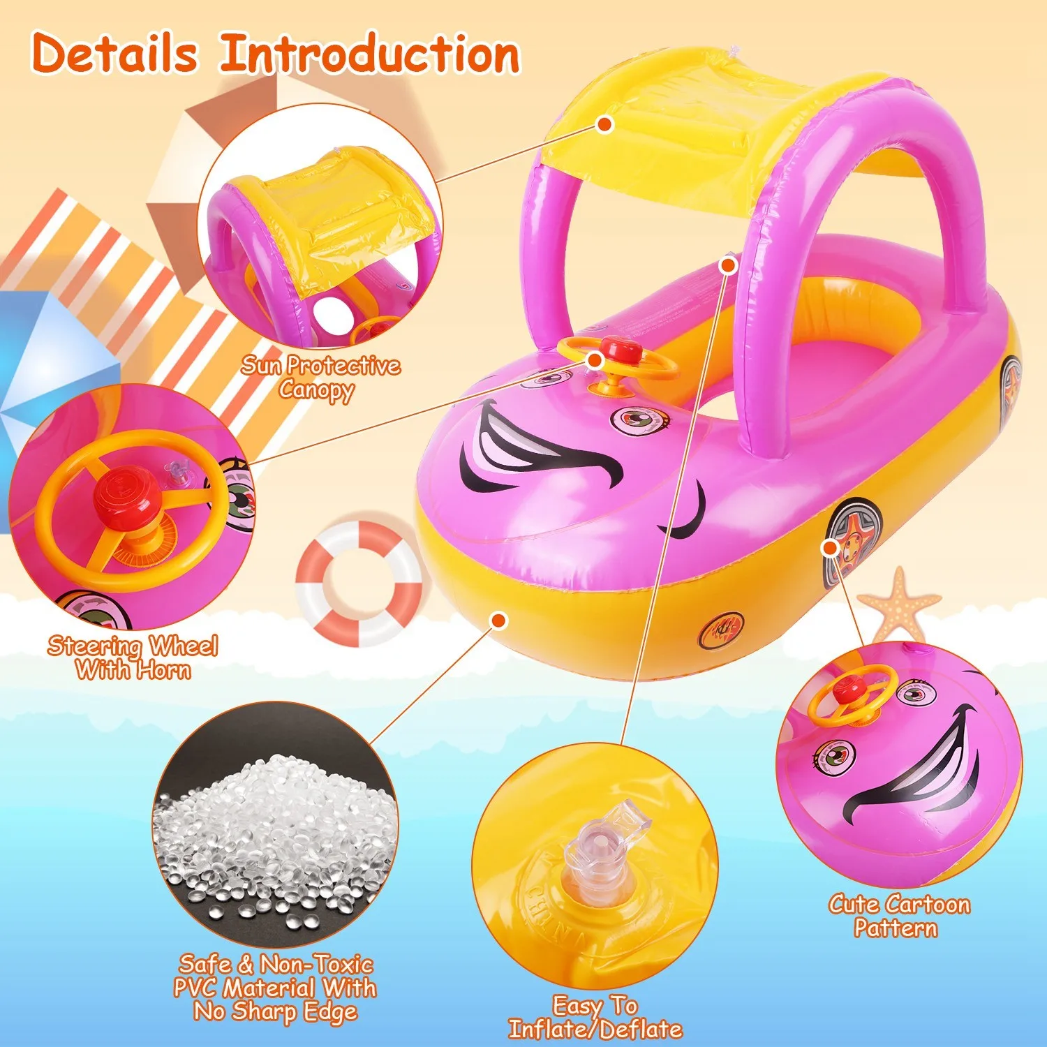 Baby Inflatable Pool Float Car Shaped Toddler Swimming Float Boat Pool Toy Infant Swim Ring Pool with Sun Protection Canopy