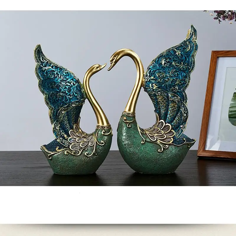 

European Style Hand Painted A Pair Swan Resin Crafts Housewarming Wedding Gifts Room Layout Animal Sculpture Home Decorations