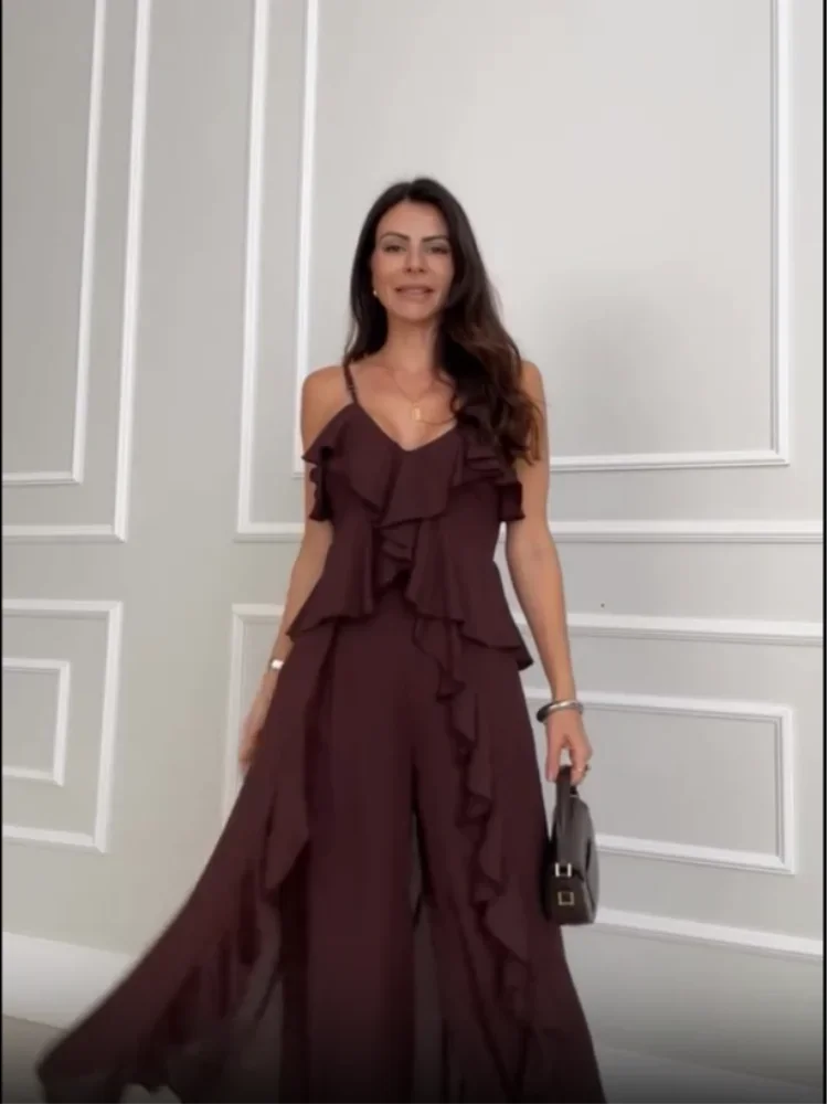 Feminino marrom escuro calça conjunto casual decote em v sem mangas em camadas babados sling blusa calças de perna larga terno novo verão senhora uso diário