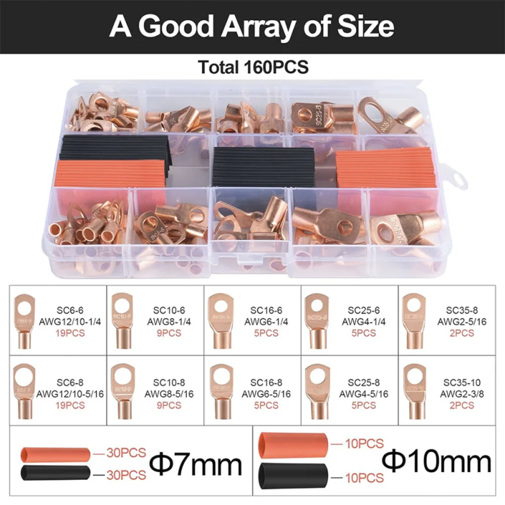 160 Stück Kupferkabelschuhe, Hochleistungs-Batteriekabelenden, AWG 8 4 2 6 10 Drahtverbinder mit 80 Stück Schrumpfschlauch-Set – Detail 2