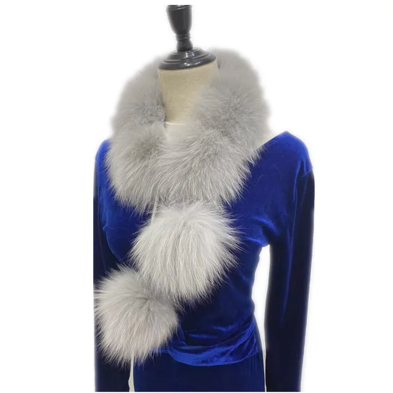 Winter Women's Real Fox Fur Scarf Fluffy Lady Lovely Full Pelt Wraps with Pompom