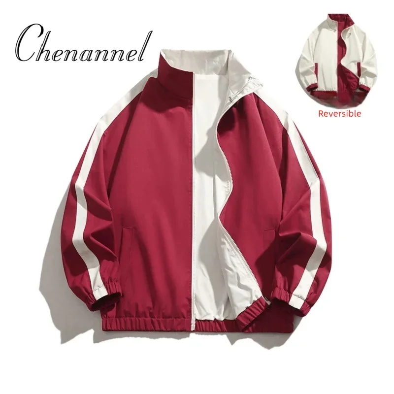 

American style double sided jacket for men spring and autumn color blocking dopamine autumn couple stand up collar coat