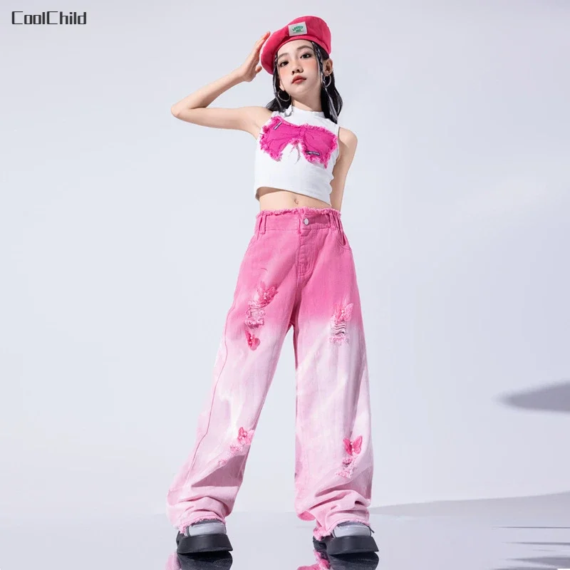 Girls Hip Hop Sweet Butterfly Crop Top Gradient Cargo Pants Kids Street Dance Jeans Clothes Sets Children Streetwear Teen Outfit