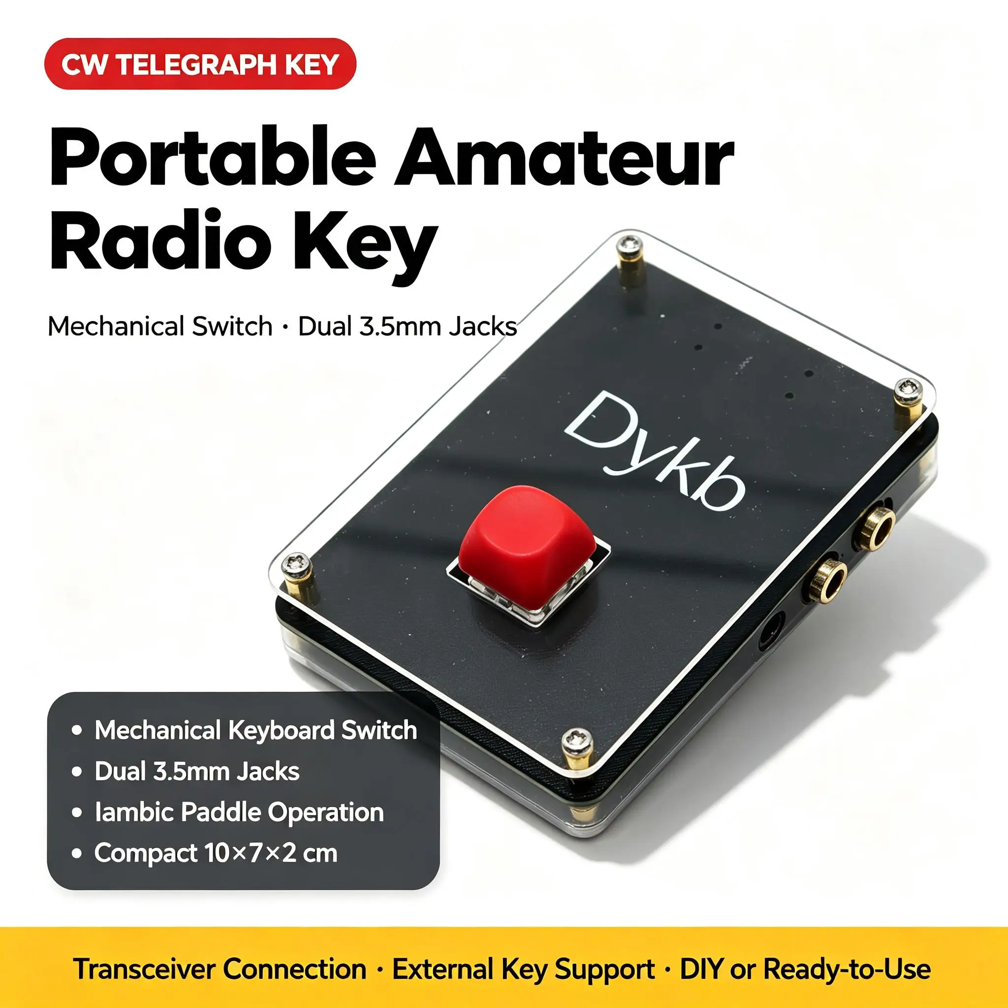 DYKB Mechanical Switch CW Telegraph Key Portable Amateur Radio Dual 3.5mm Jacks Iambic Paddle DIY PCB 10x7x2cm Communication