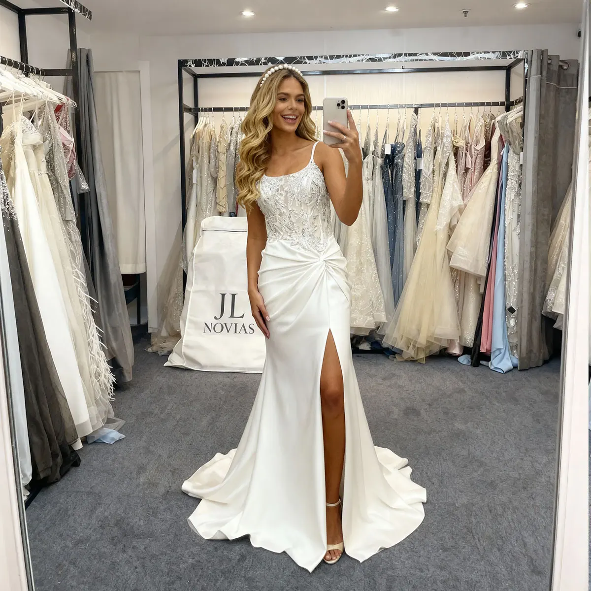 

Romantic Beaded Sparkly Mermaid Wedding Dresses With Slit Lace Satin Sheath Long Bridal Party Gown For BrideVestidos Novia